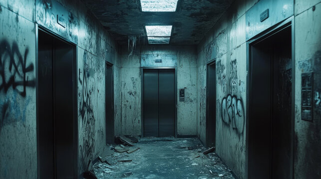 Old dirty hallway with open and closed elevator doors at night. Vector cartoon illustration of empty dark lobby with broken lifts and graffiti on wall. Messy hall interior in house in ghetto area
