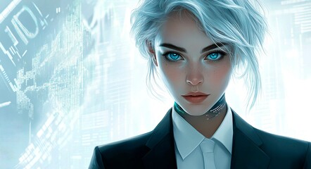 cartoon portrait of a blonde woman, in a business suit and blue eyes. A 3D character stands on a light abstract background with charts and graphs of the stock or cryptocurrency market.