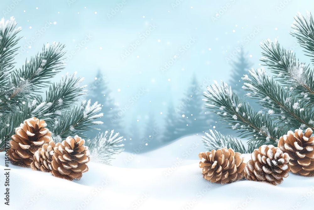 Poster pine cones and branches covered with snow create festive winter wonderland