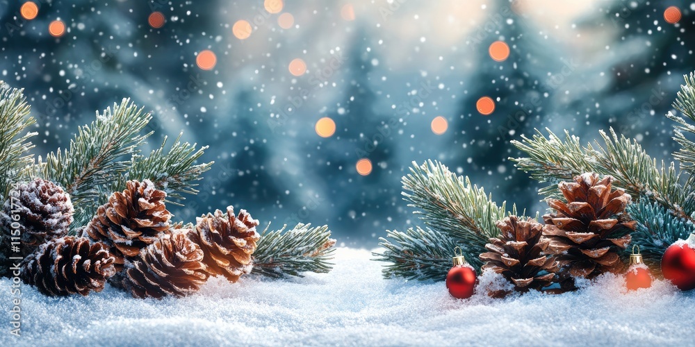 Poster christmas background with snow, pine cones and red ornaments falling snow and bokeh lights