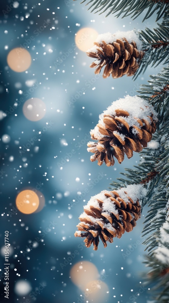Poster Pine cones covered with snow hanging on a fir branch during a snowfall with bokeh effect