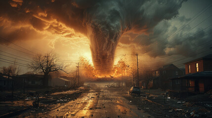 A large tornado demolishes houses and twists them aloft.