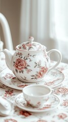 Fototapeta premium Vintage Floral Porcelain Tea Set on Elegant Tablecloth with Soft Lighting
