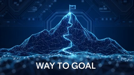 Abstract mountain with a path to the top. Way to goal in digital futuristic style on a blue technology background. Vector illustration of success achievement concept. Low Poly wireframe flag 