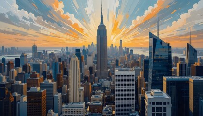 Fototapeta premium Artistic Painting of Skyscrapers in an Abstract Style: Cityscape Panorama with Bold Colors and Dynamic Brushstrokes, Capturing the Energy and Modernity of Urban Life
