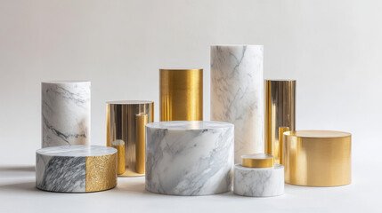 Pedestals from marble and gold for display product, exhibit or trophy. Vector realistic set of empty modern podiums different shapes, stone and golden platforms for showcase, museum or exposition