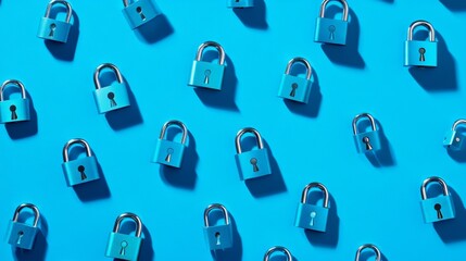 Futuristic cyber security vector illustration. Data security scanning. Wireframe locks on blue background. Padlock technology, cybersecurity, and digital encryption.