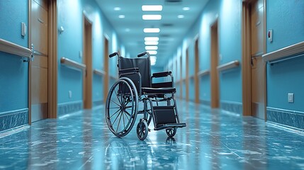 Empty wheelchair stands in hospital corridor symbolizing patient absence