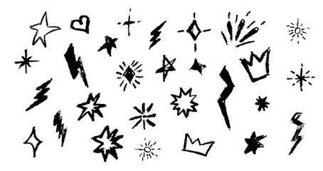 Naklejka premium Crayon firecracker stars heart and crown in black color. BW collection of rock n roll design elements. Grunge texture punk and grafitty symbols. Cartoon charcoal handdrawn icons. Vector illustration.