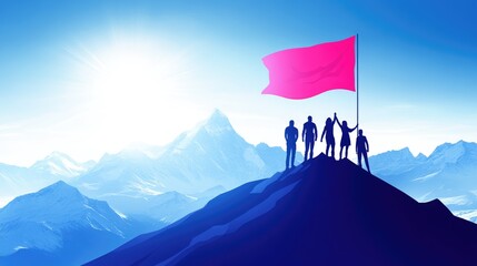 Team Reaching Mountain Summit Under Blue Sky with Victory Flag