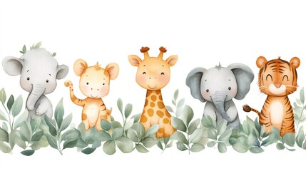 Naklejka premium Cute baby tiger, elephant and giraffe smiling in the jungle