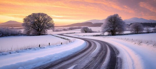 A serene winter morning with snow-covered fields