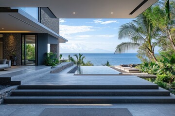 Fototapeta premium Modern luxury villa with infinity pool overlooking tropical ocean