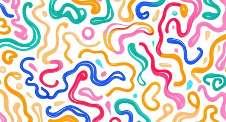 Obraz premium Colorful squiggly lines, abstract pattern, vibrant colors, playful shapes, wavy curves, dynamic composition, minimalist design, graphic art, seamless background, cheerful aesthetic, primary colors, fl