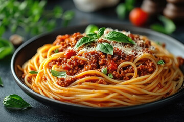 Delicious Spaghetti Bolognese with Parmesan Cheese and Basil