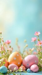 Vertical background with easter painted eggs and pink blurred flowers, pastel colors. Backdrop for stories, greeting card for Easter and spring time, space for text or logo