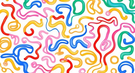 Obraz premium Colorful squiggly lines, abstract pattern, vibrant colors, playful shapes, wavy curves, dynamic composition, minimalist design, graphic art, seamless background, cheerful aesthetic, primary colors, fl
