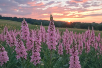 Obraz premium Pink flowers blooming in a field at sunset creating a peaceful atmosphere
