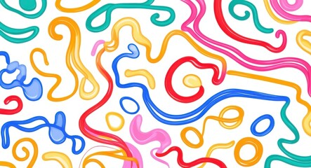 Fototapeta premium Colorful squiggly lines, abstract pattern, vibrant colors, playful shapes, wavy curves, dynamic composition, minimalist design, graphic art, seamless background, cheerful aesthetic, primary colors, fl