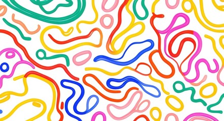 Obraz premium Colorful squiggly lines, abstract pattern, vibrant colors, playful shapes, wavy curves, dynamic composition, minimalist design, graphic art, seamless background, cheerful aesthetic, primary colors, fl