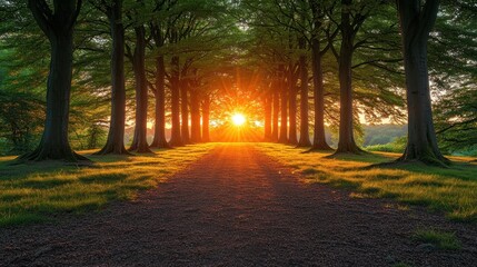 Sunlit path through a forest at sunset.