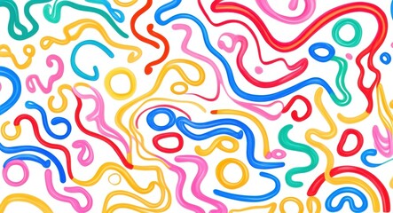 Fototapeta premium Colorful squiggly lines, abstract pattern, vibrant colors, playful shapes, wavy curves, dynamic composition, minimalist design, graphic art, seamless background, cheerful aesthetic, primary colors, fl