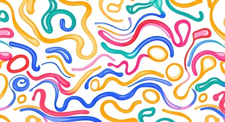 Obraz premium Colorful squiggly lines, abstract pattern, vibrant colors, playful shapes, wavy curves, dynamic composition, minimalist design, graphic art, seamless background, cheerful aesthetic, primary colors, fl