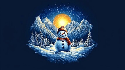 Pixel Art Snowman in Winter Wonderland Mountain Landscape