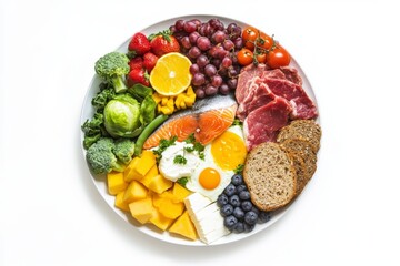 Fresh produce in a circle. Healthy eating layout. Healthy food concept. Balanced Diet. Food and diet nutrition. Various fresh ingredients for cooking on white table background, top view, round frame.