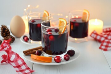 Hot red mulled wine with christmas spices, orange slice, anise and cinnamon sticks. Two glasses of mulled wine on white table with red checkered napkin with spices and fruits. Traditional Autumn drink