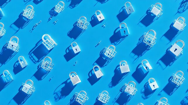 Futuristic cyber security vector illustration. Data security scanning. Wireframe locks on blue background. Padlock technology, cybersecurity, and digital encryption.