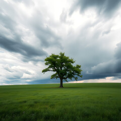 Obraz premium Solitary Tree in a Serene Meadow Under a Dramatic Sky