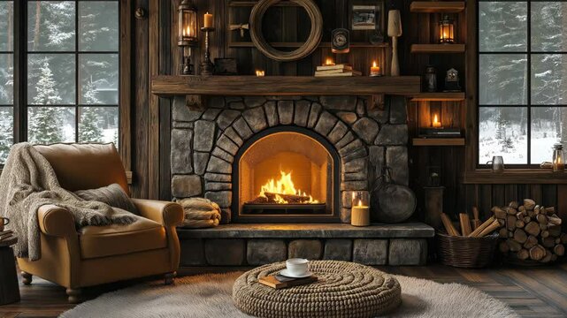Rustic cabin interior with a roaring fireplace, cozy armchair, and snow-covered window view, evoking warmth and relaxation, ideal for winter retreats or holiday decor inspiration
