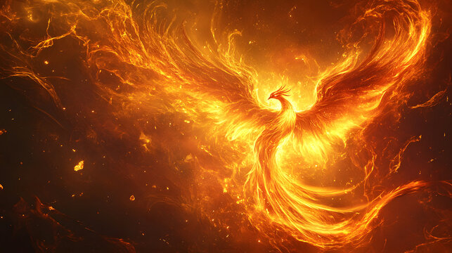 A stylized design of a phoenix reborn from glowing embers.