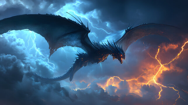 A stylized design of a wyvern soaring through stormy skies.