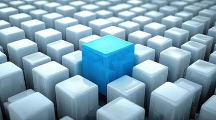 Obraz premium Blue Cube Standing Out Among White Blocks Symbolizing Uniqueness and Individuality