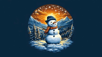 Obraz premium Joyful Snowman at Sunset in a Winter Wonderland