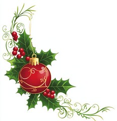 A modern illustration of a Christmas scene includes festively adorned bells, decorative balls, fresh green fir branches, vibrant poinsettia flowers, holly leaves, and a sprig of mistletoe.