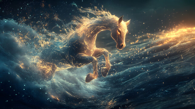 A stylized hippocampus leaping through glowing ocean waves.
