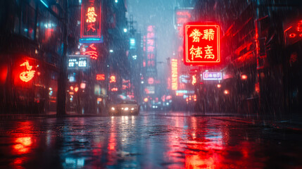 Urban Neon Nightscape: Rainy City Street with Vibrant Lights in Atmospheric Setting