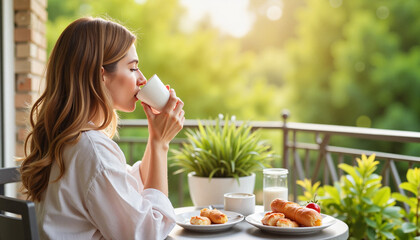 Woman enjoying coffee at breakfast table with pastries in bright outdoor setting