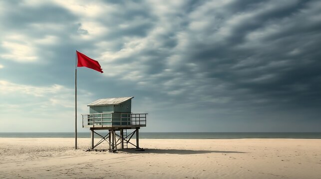 Red flag waving on a deserted beach with a lifeguard tower under a cloudy sky