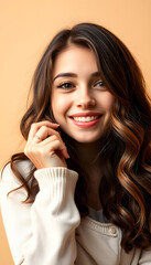 Fototapeta premium A young woman with light makeup radiates joy, natural charm, showing positive mood, smiling genuinely