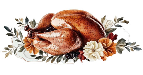 Delicious roasted turkey with rosemary and lemon on white plate, cut out
