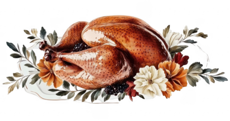 Delicious roasted turkey with rosemary and lemon on white plate, cut out
