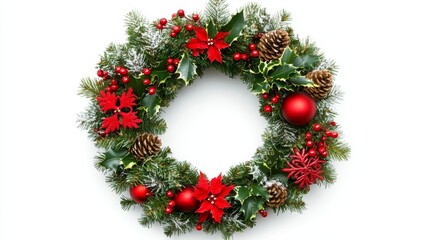 A festive design showcasing fir branches, pine cones, berries, and snowflakes set against a pristine white backdrop to celebrate Christmas and New Year.