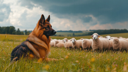 A loyal german shepherd pet sitting in a meadow on the farm, watching over the flock of sheep, obedient and protective nature of dog breed.