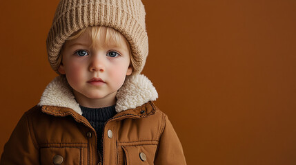 A stylish portrait of a thoughtful blonde kid boy in a cozy autumn jacket and hat, innocence and wonder of a toddler child against a warm brown orange fashion background.