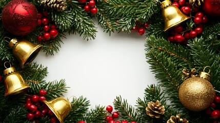 A festive Christmas-style picture frame, featuring holly leaves, red berries, and golden bells, with a red and green border, shown in an overhead view against a white backdrop.