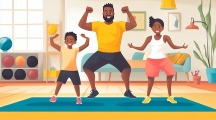 Naklejka premium Happy Family Sport Activity. Mother, Father and Kid Doing Morning Exercising at Home. Dad, Mom and Little Son Fitness Workout Exercise, Healthy Lifestyle Indoor Sports Cartoon Flat Vector Illustration